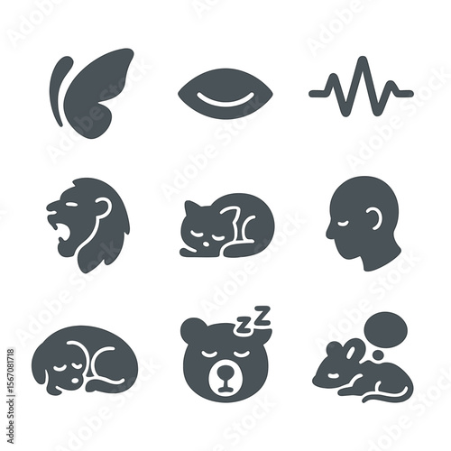 Sleep Cycle Icons. Flat icon set of sleep cycle behaviors: REM flutter wing, closed eye silhouette, brain wave line, yawning lion,