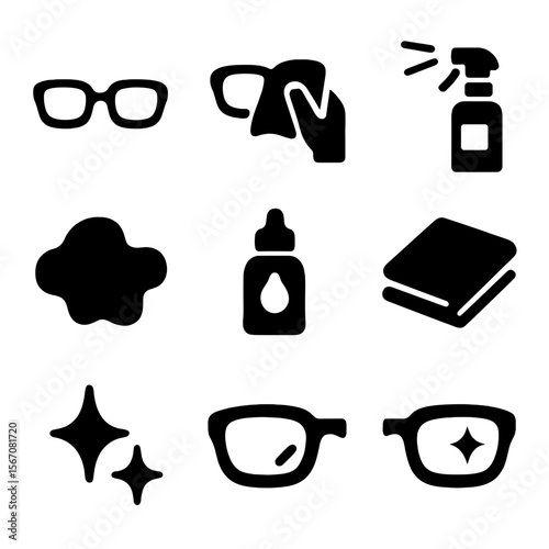 Eyewear Cleaning Icons. Solid, filled icon set of cleaning glasses with a cloth: eyeglasses, microfiber cloth, hand wiping lens,