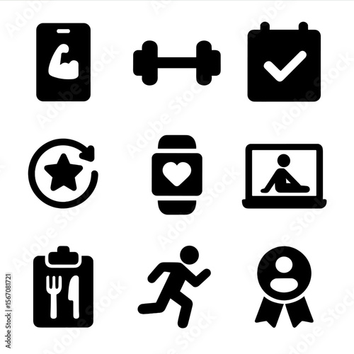 Fitness Subscription Icons. Solid, filled icon set of fitness subscriptions: workout app, dumbbell icon, calendar check, daily