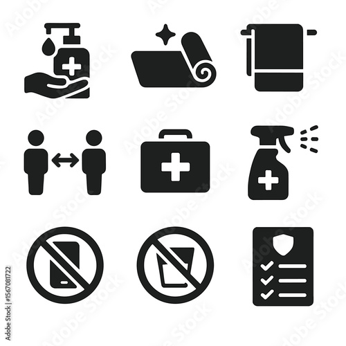 Fitness Safety Icons. Solid, filled icon set of fitness studio safety: sanitizer dispenser, clean mat, face towel, social distance