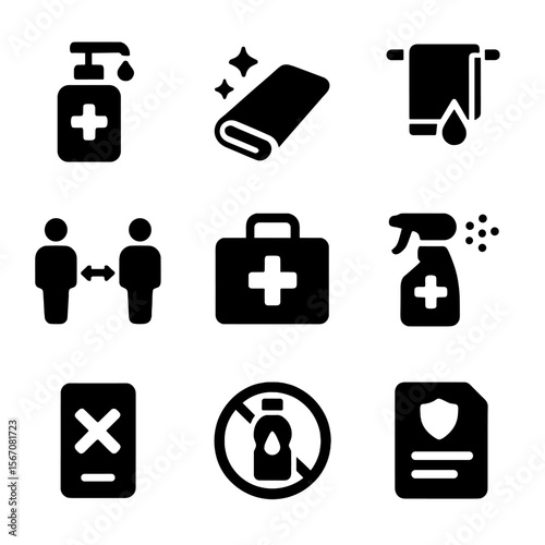 Fitness Safety Icons. Solid, filled icon set of fitness studio safety: sanitizer dispenser, clean mat, face towel, social distance