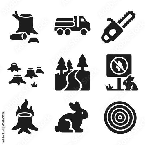 Deforestation Icon Set. Solid, filled icons set of deforestation and habitat destruction: chopped tree,