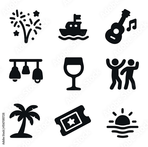 Sea Festival Icons. Solid, filled icons set of sea festival: fireworks, boat parade, live music, lights, drink
