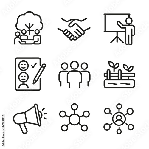Community Engagement Icons. Outline icon set of community and stakeholder engagement: group meeting under tree, local partnership