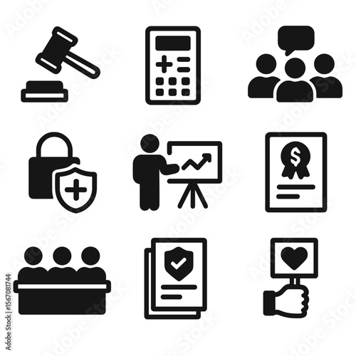 Healthcare Policy Icons. Solid, filled icon set of health policy elements: legislation, budget, community input, data privacy,