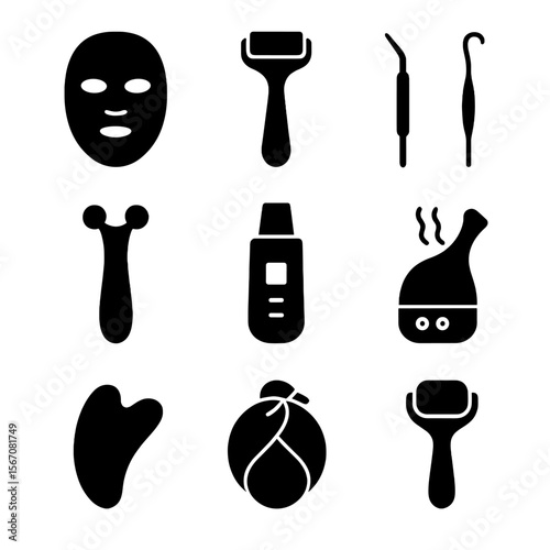 Facial Tools Icons. Solid, filled icon set of facial tools and devices: LED therapy mask, derma roller, blackhead remover,