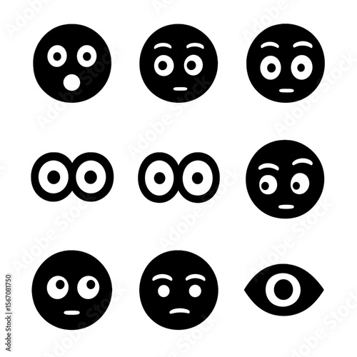 Facial Expressions Grid. Solid, filled icon set of facial expressions with staring: surprised face, curious face, shocked face,