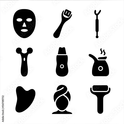Facial Tools Icons. Solid, filled icon set of facial tools and devices: LED therapy mask, derma roller, blackhead remover,
