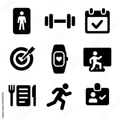 Fitness Subscription Icons. Solid, filled icon set of fitness subscriptions: workout app, dumbbell icon, calendar check, daily