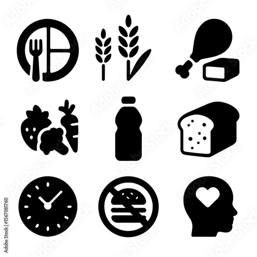 Healthy Eating Icon Set. Solid, filled icon set of healthy eating habits: meal portion icon, whole grains, lean protein, fruits