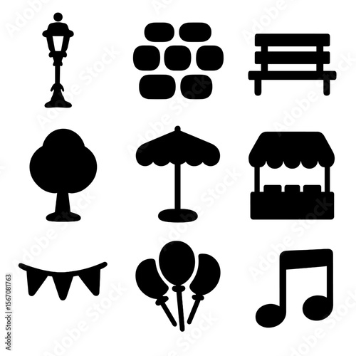Flea Market Icons. Solid, filled icon set of flea market ambiance and environment: street lamp, cobblestone, bench, tree, sun