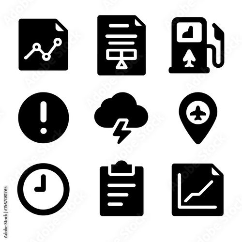 Flight Planning Icons. Solid, filled icon set of flight planning tasks: route chart, weight and balance form, fuel calculation,