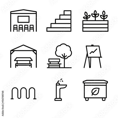 Community Learning Icons. Outline icon set of community and outdoor learning spaces: outdoor classroom canopy, amphitheater