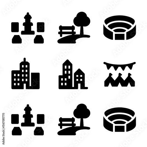 Flash Mob Icon Set. Solid, filled icon set of Flash mob locations: public square, park, amphitheater, urban area, festival ground.