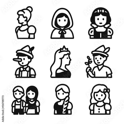 Fairy Tale Icons. Solid, filled icon set of classic fairy tale characters: Cinderella, Little Red Riding Hood, Snow White,
