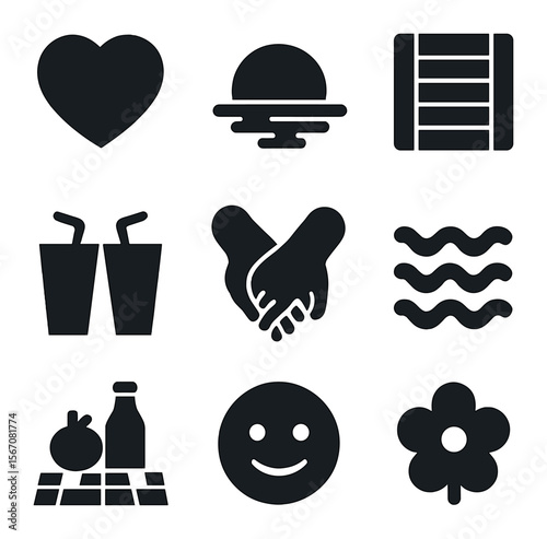 Beach Date Icons. Solid, filled icons set of beach date: heart icon, sunset, beach mat, shared drink, holding