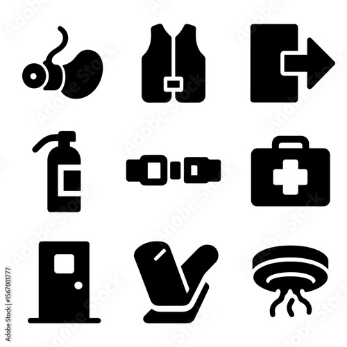 Flight Safety Icons. Solid, filled icon set of flight safety features: oxygen mask, life vest, emergency exit, fire extinguisher,