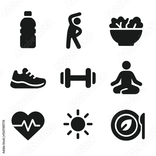 Healthy Habits Icons. Solid, filled icon set of healthy lifestyle habits: water bottle, stretching figure, salad bowl, running