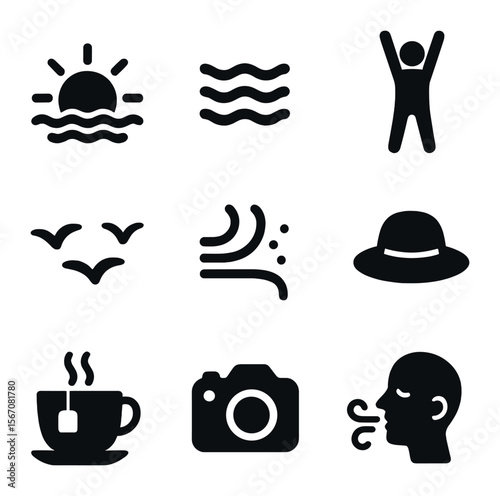 Sunrise Icon Set. Solid, filled icons set of sunrise by the sea: rising sun, calm water, stretching pose,