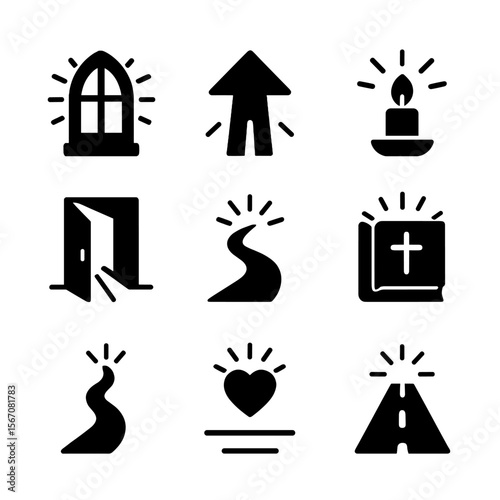 Faith Icon Grid. Solid, filled icon set of faith as light and space: glowing window, upward arrow, guiding candle, brightened room