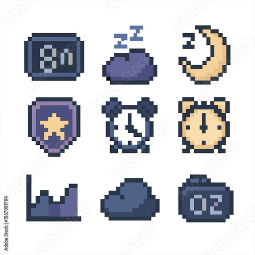 Sleep Tracking Icons. Pixel art icon set of sleep tracking details: total sleep hours, deep sleep stage, REM stage, light sleep