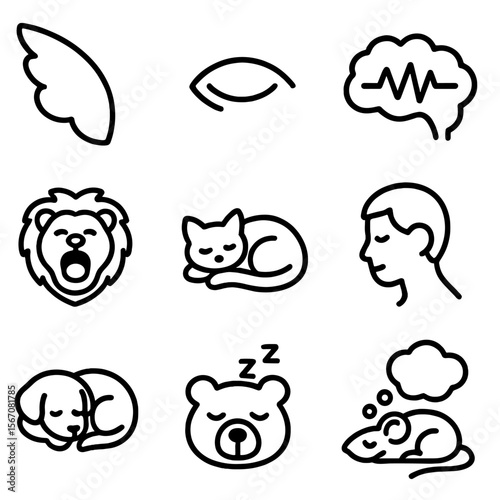Sleep Cycle Icons. Outline icon set of sleep cycle behaviors: REM flutter wing, closed eye silhouette, brain wave line, yawning