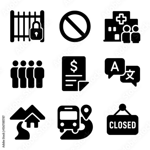 Healthcare Barriers Icons. Solid, filled icon set of barriers to healthcare: locked gate, no entry sign, crowded hospital, long