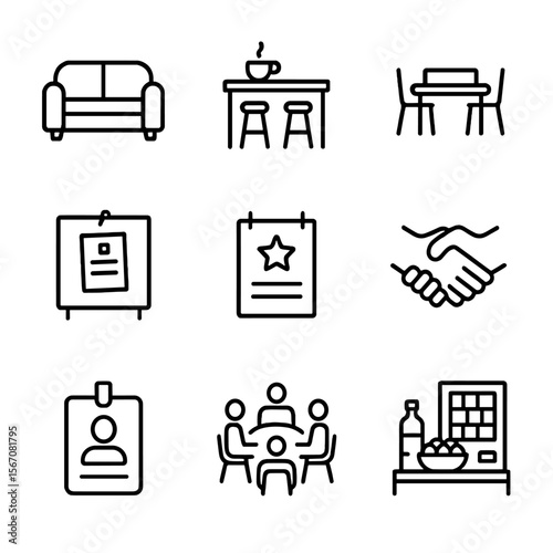 Community Networking Icons. Outline icon set of community and networking areas: lounge sofa, coffee bar, meeting table, bulletin