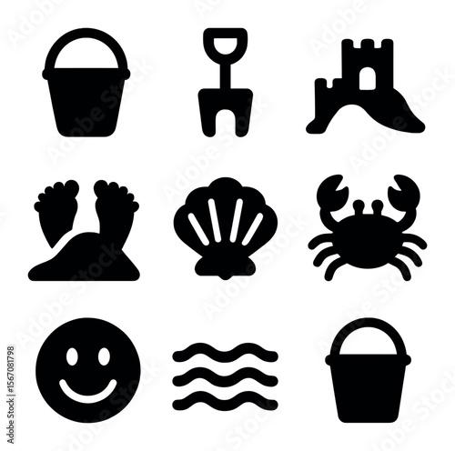 Sand Fun Icon Set. Solid, filled icons set of sand fun: pail, shovel, sandcastle, buried feet, shell, crab,