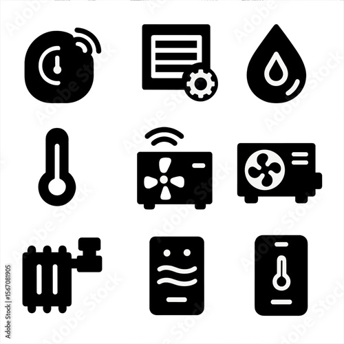 Smart Climate Icons. Solid, Filled icon set of automated climate control: smart thermostat, motorized vent, humidity sensor,