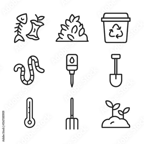 Composting Icons Set. Outline icon set of composting and organic waste: food scraps, leaf pile, compost bin, earthworm, soil