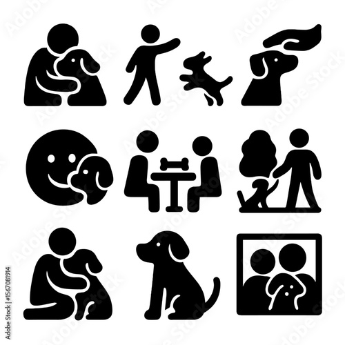 Family and Pet Bonding. Solid, filled icon set of family and pet bonding: hug, playing fetch, petting hand, smiling face, shared