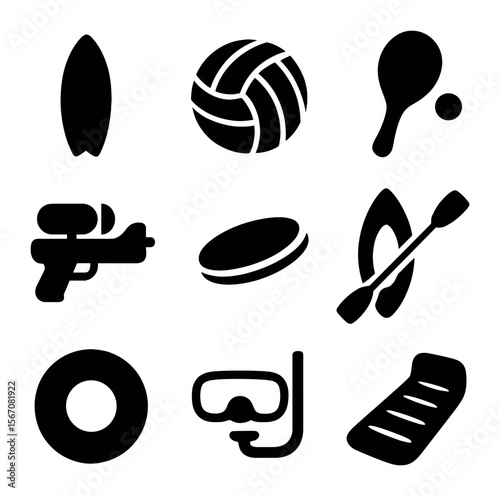Beach Sports Icons. Solid, filled icons set of beach sports: surfboard, beach volleyball, paddleball, water