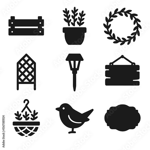 Herb Garden Icons. Solid, filled icon set of herb garden decor: wooden crate, ceramic pot, herb wreath, trellis, solar light,