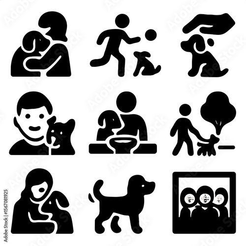 Family and Pet Bonding. Solid, filled icon set of family and pet bonding: hug, playing fetch, petting hand, smiling face, shared
