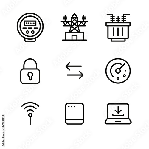 Smart Grid Icons. Outline icon set of smart grid protection: smart meter, grid substation, distribution transformer, encryption