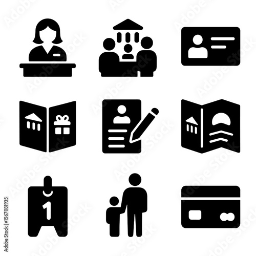 Family Banking Icons. Solid, filled icon set of family banking experience: bank teller, family at counter, ID card, welcome kit,