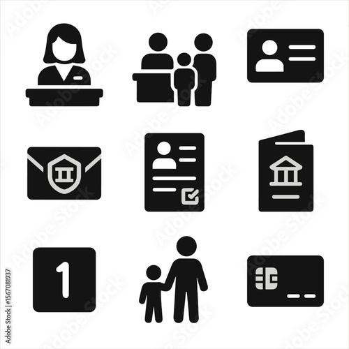 Family Banking Icons. Solid, filled icon set of family banking experience: bank teller, family at counter, ID card, welcome kit,