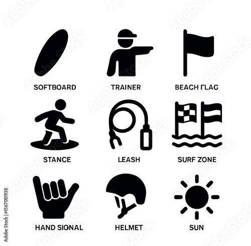 Beginner Surfing Icons. Solid, filled icons set of beginner surfing: softboard, trainer icon, beach flag,