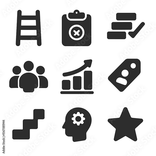 Differentiation Icons Grid. Solid, filled icons set of differentiation by readiness: skill ladder,
