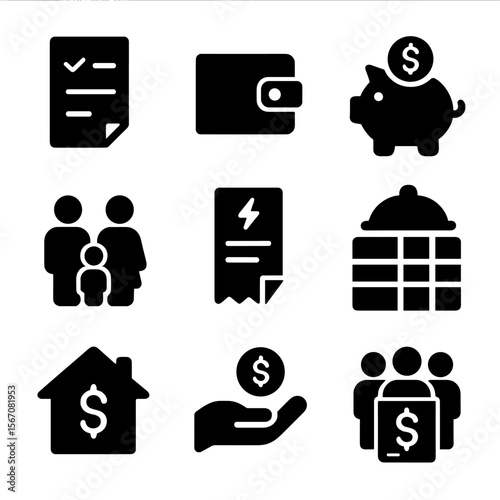 Family Budget Icons. Solid, filled icon set of family budgeting: grocery list, shared wallet, kid’s piggy bank, family icon,