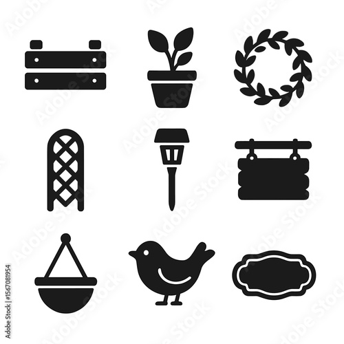 Herb Garden Icons. Solid, filled icon set of herb garden decor: wooden crate, ceramic pot, herb wreath, trellis, solar light,