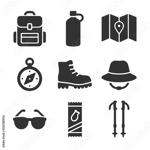 Hiking Essentials Icons. Solid, filled icon set of hiking quick pack: backpack, water bottle, map, compass, hiking boots, hat,