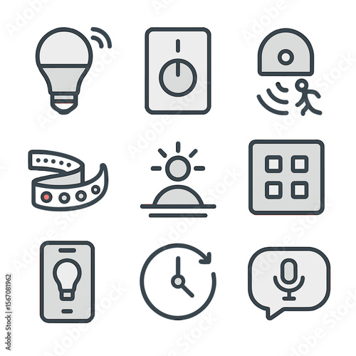 Smart Lighting Icons. Flat icon set of smart lighting systems: smart bulb, dimmer switch, motion sensor, color LED strip, daylight