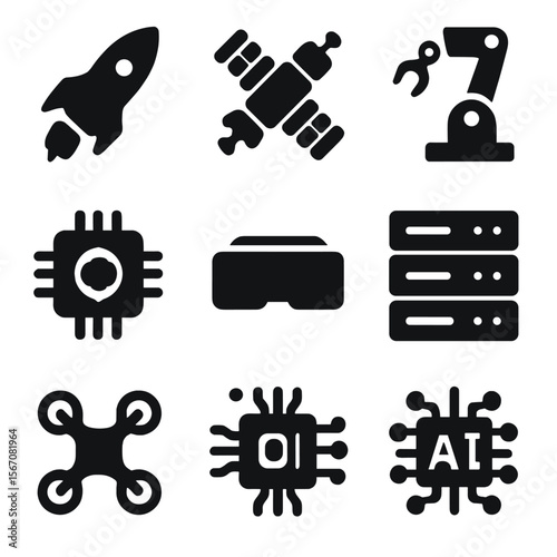 High-Tech Icon Grid. Solid, filled icon set of high technology: rocket, satellite, robot arm, quantum chip, VR headset, server