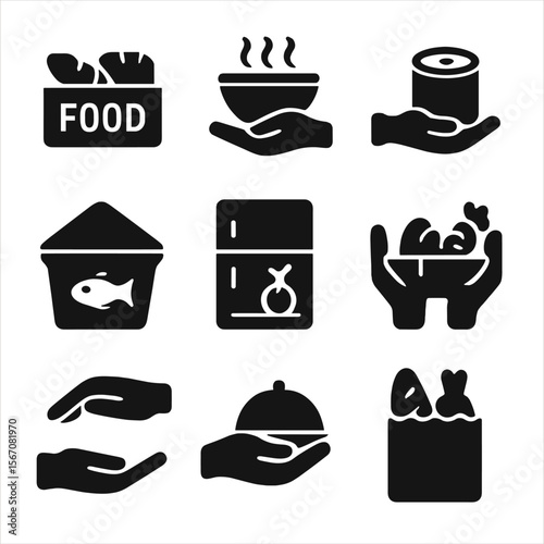 Food Donation Icons. Solid, filled icon set of food donation and sharing: food bank, soup kitchen, donation hand, meal box,