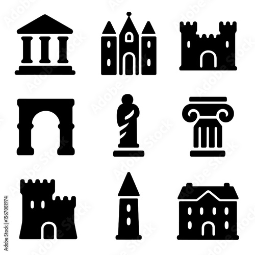 Historic Architectural Icons. Solid, filled icon set of architectural photography of historical buildings and monuments: ancient