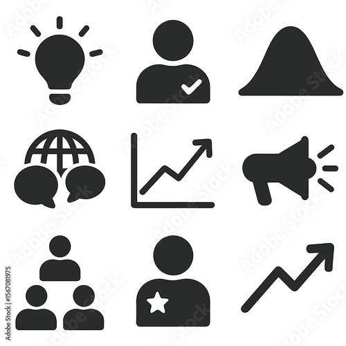 Diffusion Icons Set. Solid, filled icons set of diffusion of innovations: innovation bulb, early adopter,