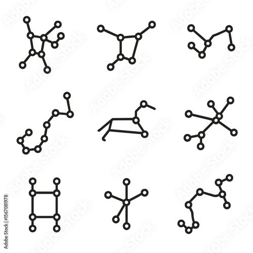 Constellation Icon Grid. Outline icon set of constellation overlay features: Orion constellation, Ursa Major constellation,