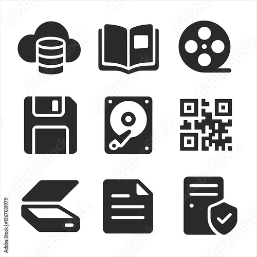 Digital Archiving Icons. Solid, filled icons set of digital heritage archiving: cloud database, digitized book